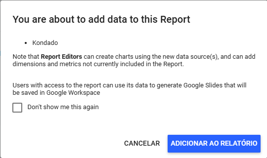 Aviso de confirmação no Looker Studio