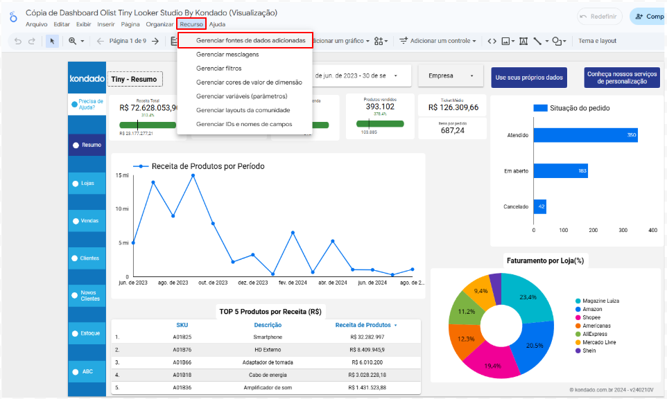 Menu Recurso no Looker Studio